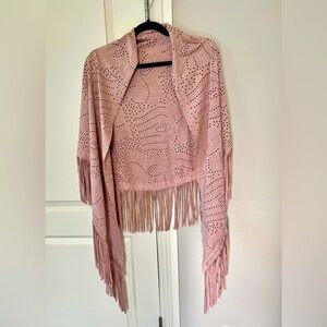 Suede like pinkish shawl with silver studded detail. One size